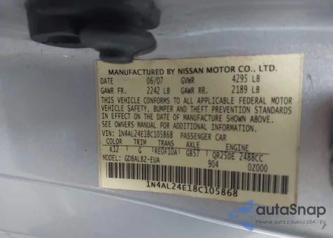 2008 Nissan Altima 2.5 S из США, поврежденный, VIN 1N4AL24E18C105868